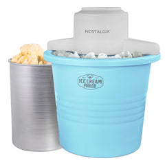 nostalgia front view of blue ice cream maker showing retro design and ease