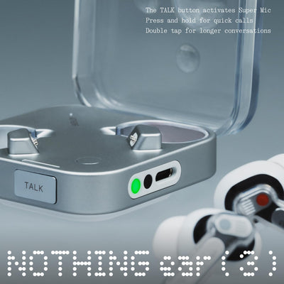 Nothing Ear (3) charging case open with earbuds, showing quick-access lanyard hole and compact form