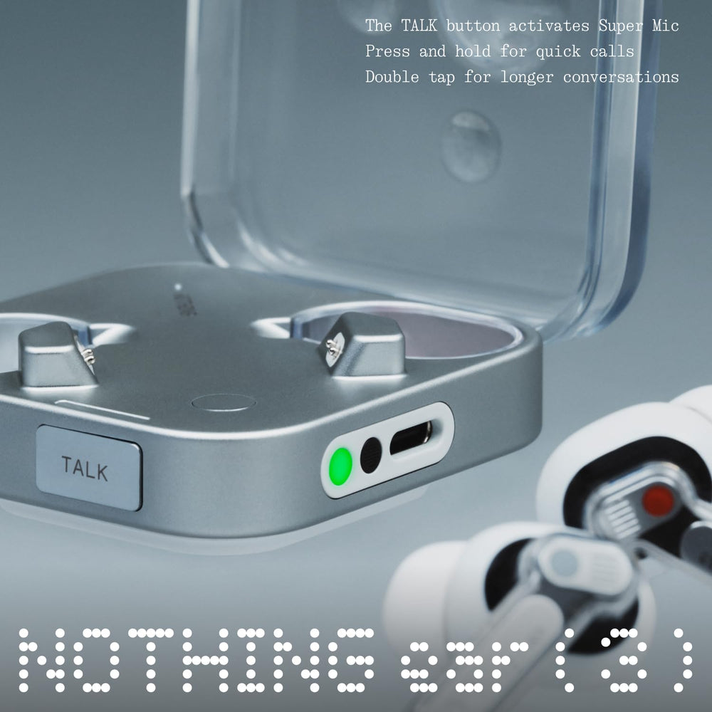 Nothing Ear (3) charging case open with earbuds, showing quick-access lanyard hole and compact form