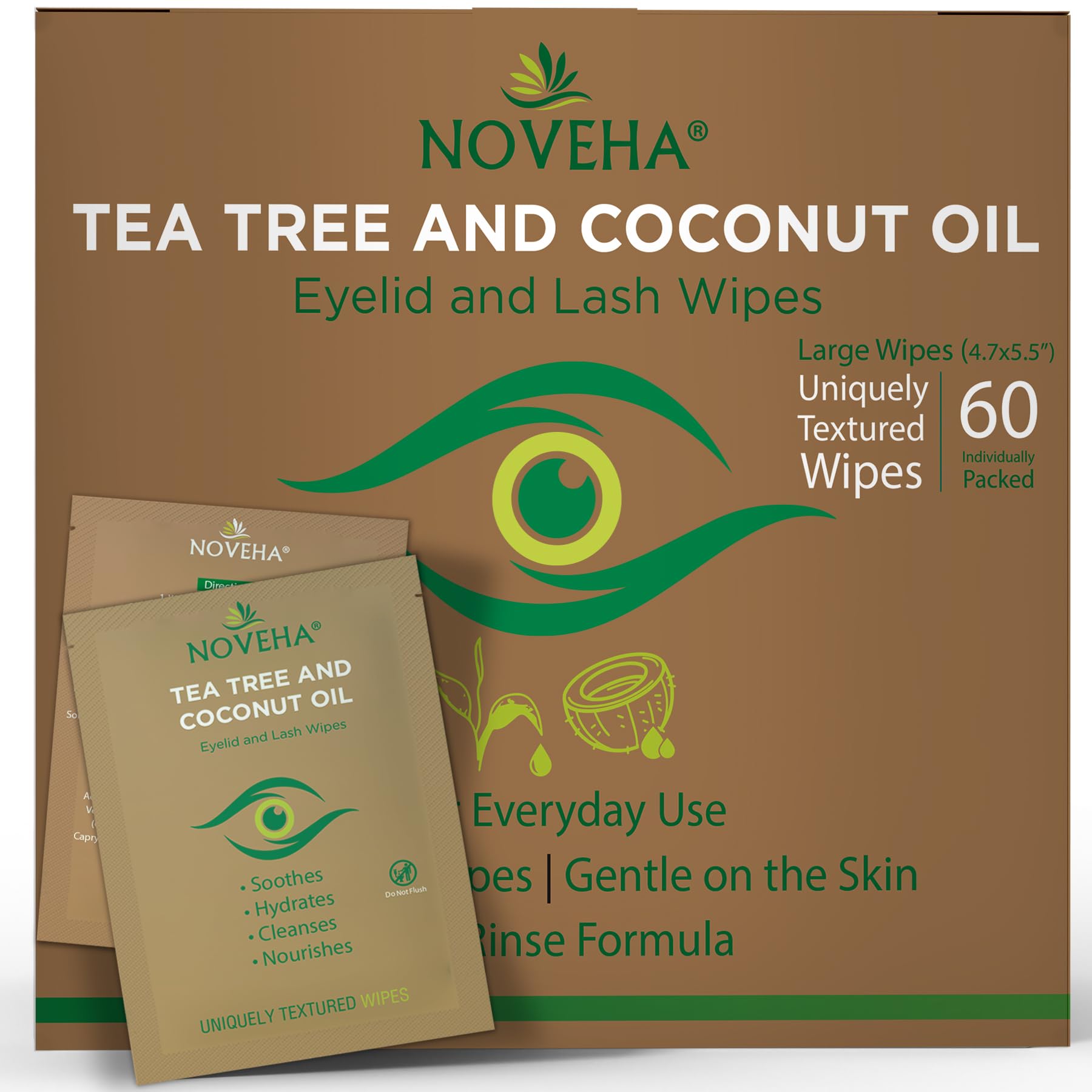 NOVEHA empaque frontal de toallitas individuales para higiene ocular y confort