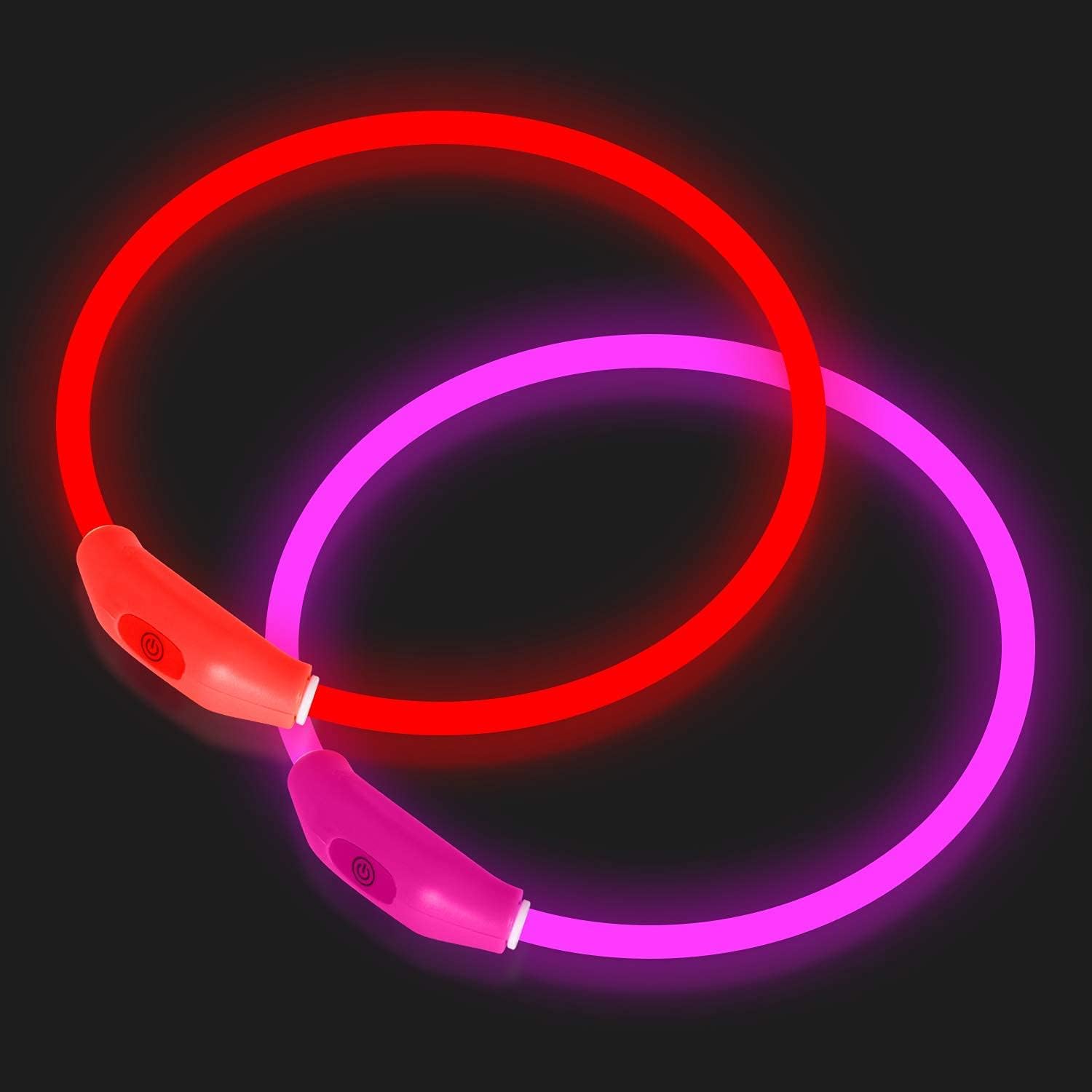 Novkin collar LED frontal en rojo y rosa mostrando visibilidad