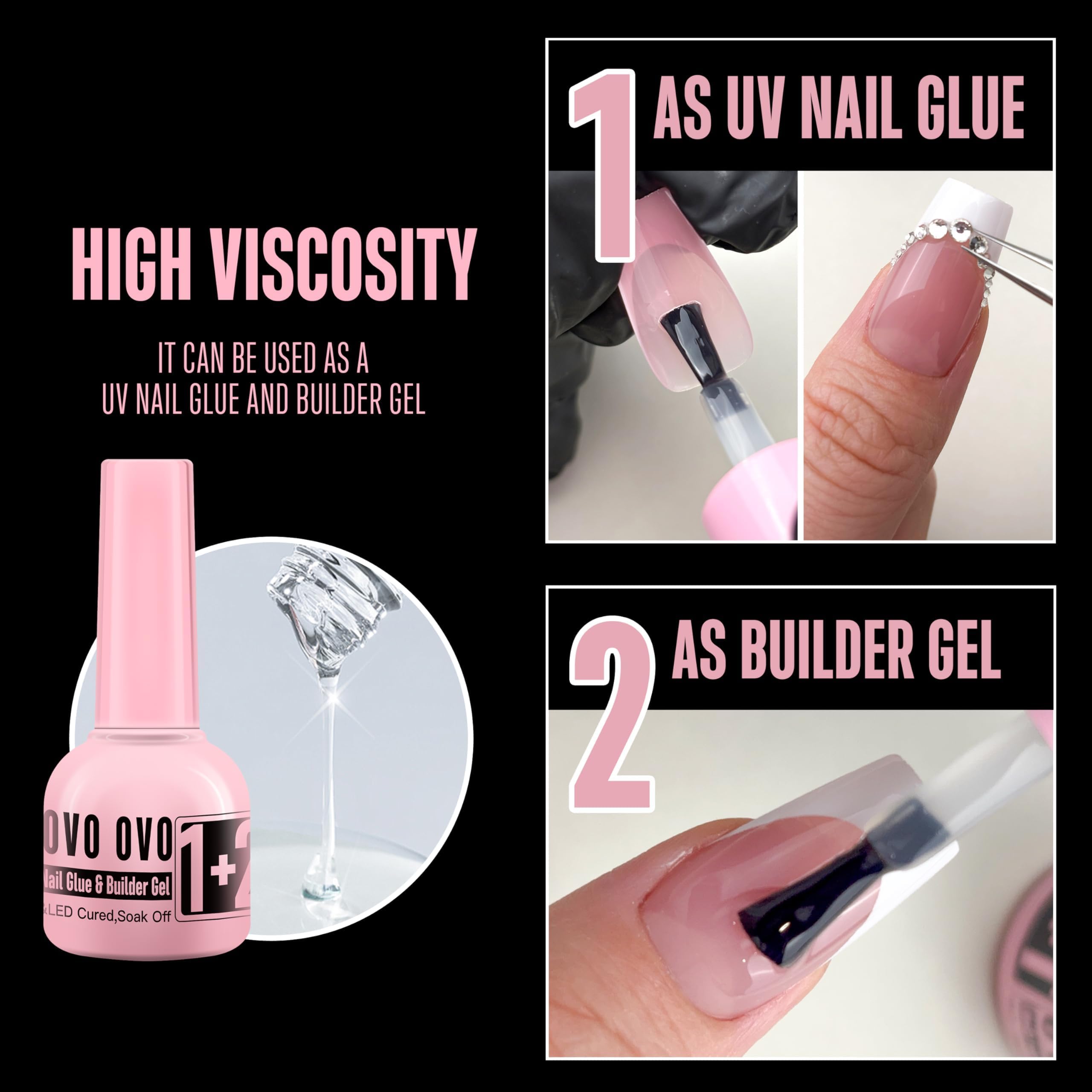 NOVO OVO textura del builder gel en gotas demostrando viscosidad y acabado sin burbujas