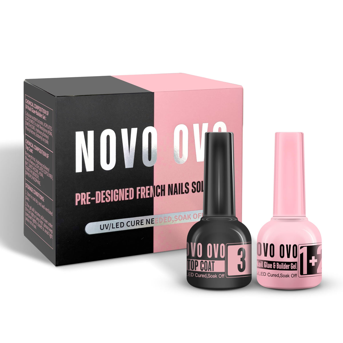 NOVO OVO kit frontal con ambas botellas mostrando el set completo y beneficio de durabilidad