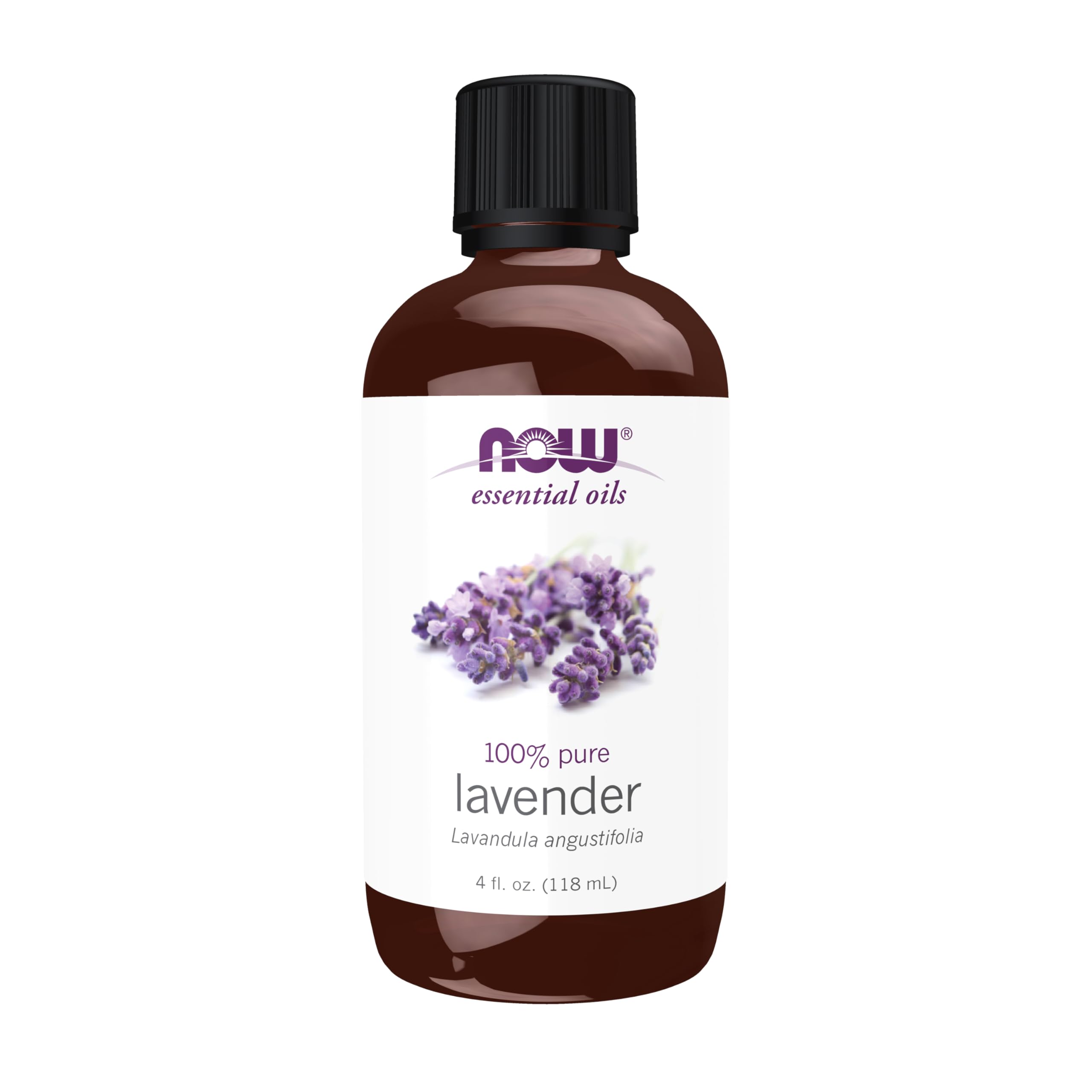 NOW Aceite de lavanda frente del envase mostrando presentación 4 fl. oz y claridad