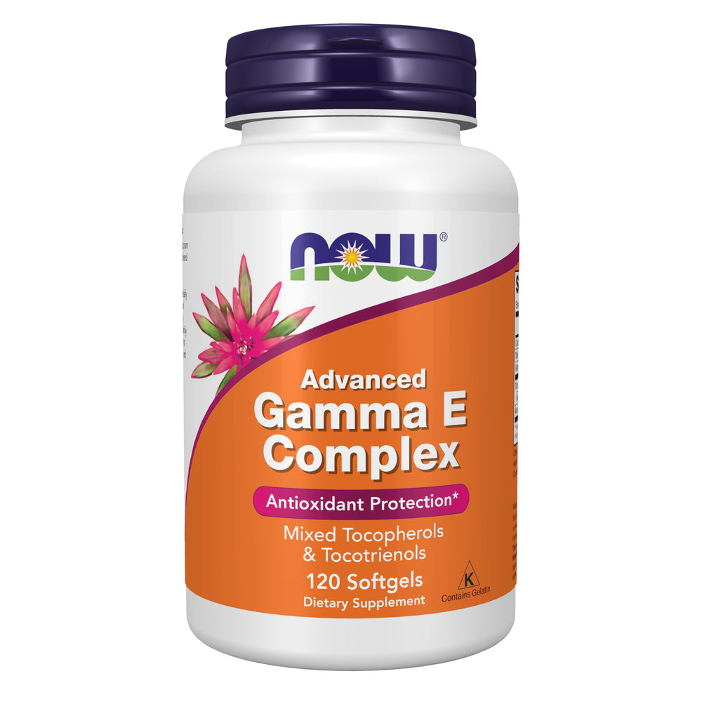 NOW Foods envase frontal de Advanced Gamma E Complex mostrando 120 softgels y marca
