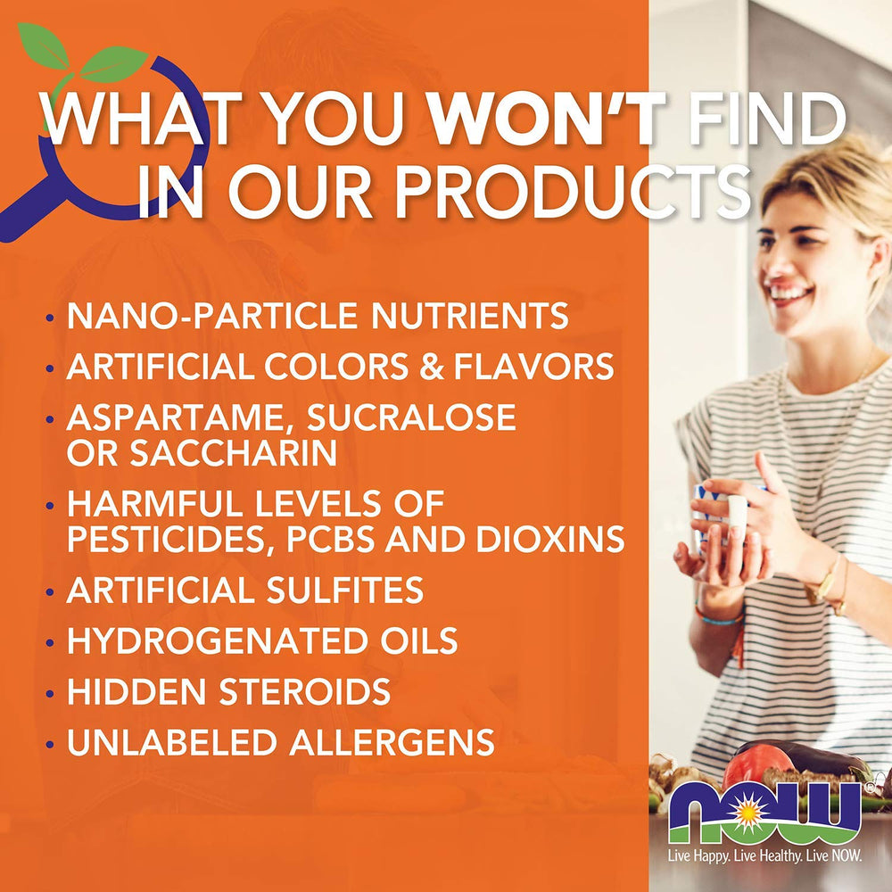NOW Foods parte trasera del envase con información nutricional clara y legible