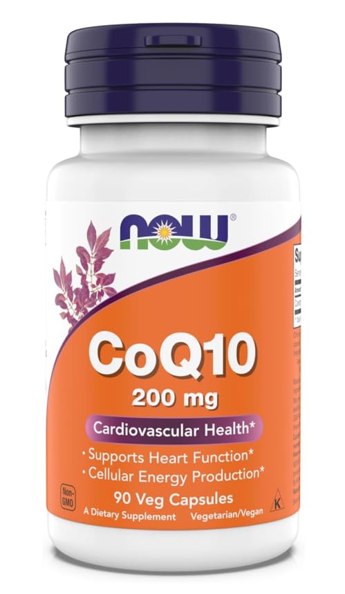 NOW Foods botella frontal del producto CoQ10 200 mg mostrando etiqueta clara y beneficios
