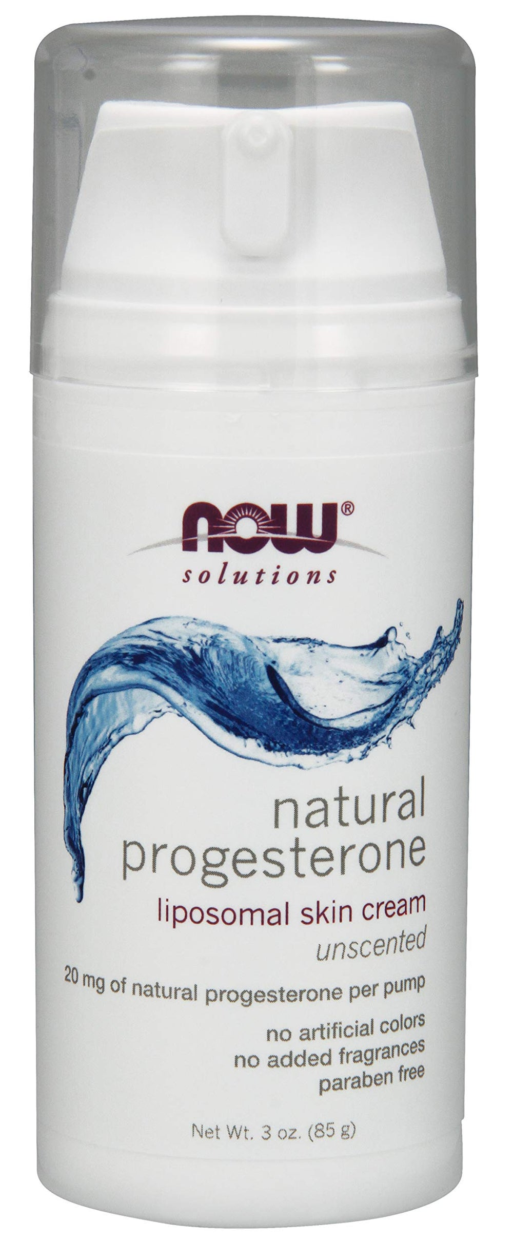 NOW Foods Crema progesterona envase frontal mostrando el dosificador y etiqueta clara