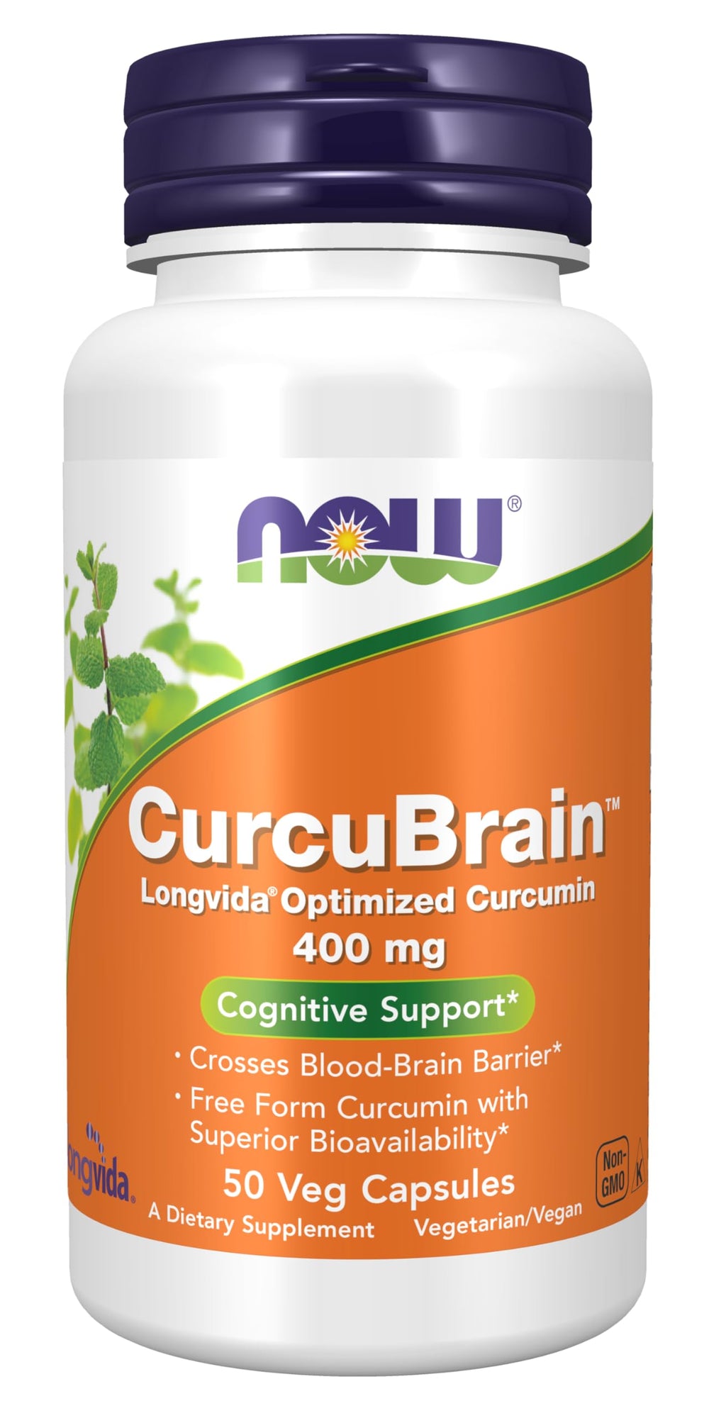 NOW CurcuBrain envase frontal, presentación clara y beneficios de absorción