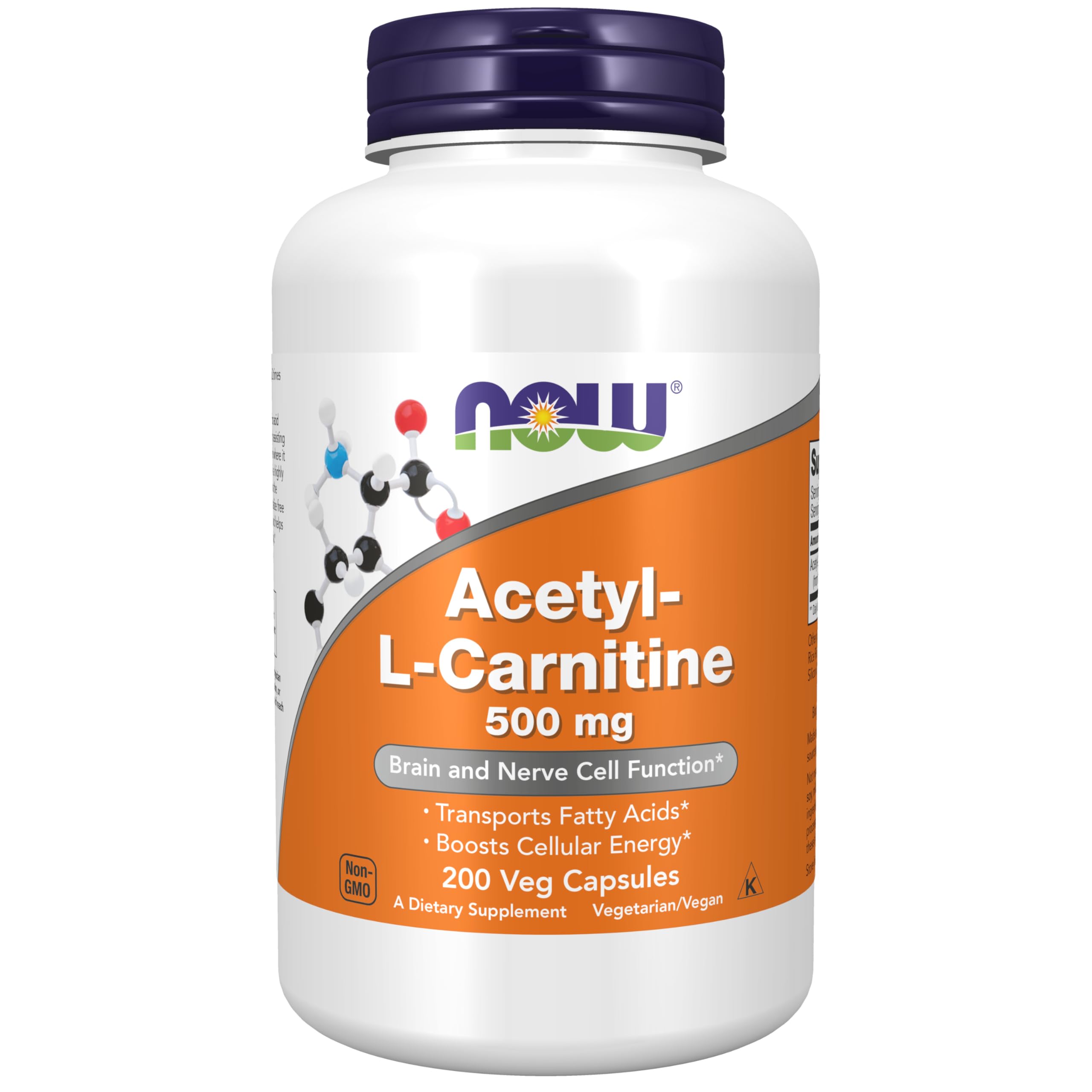 NOW Foods frasco frontal del suplemento ALC 500 mg, envase claro y certificaciones visibles