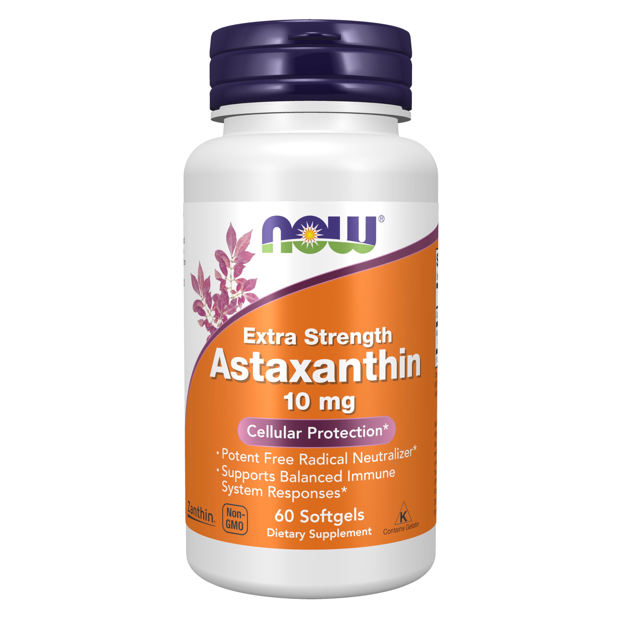 NOW Foods frasco frontal del suplemento astaxantina 10 mg, envase visible y claro