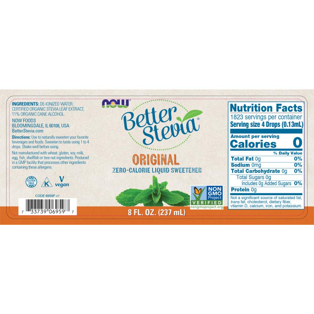 Now Foods BetterStevia detalle de gotas que ilustra disolución rápida