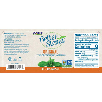 Now Foods BetterStevia detalle de gotas que ilustra disolución rápida