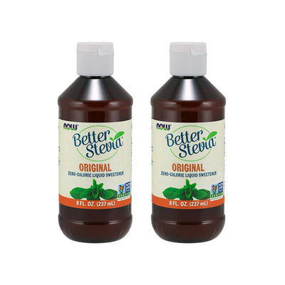 Now Foods BetterStevia frente del empaque muestra botella y beneficios