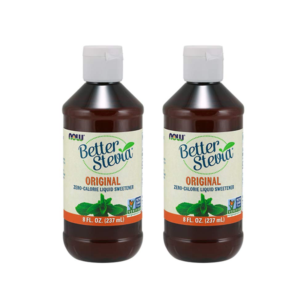 Now Foods BetterStevia frente del empaque muestra botella y beneficios