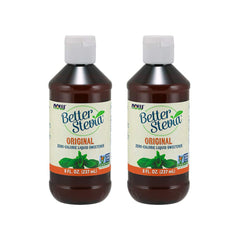 Now Foods BetterStevia frente del empaque muestra botella y beneficios