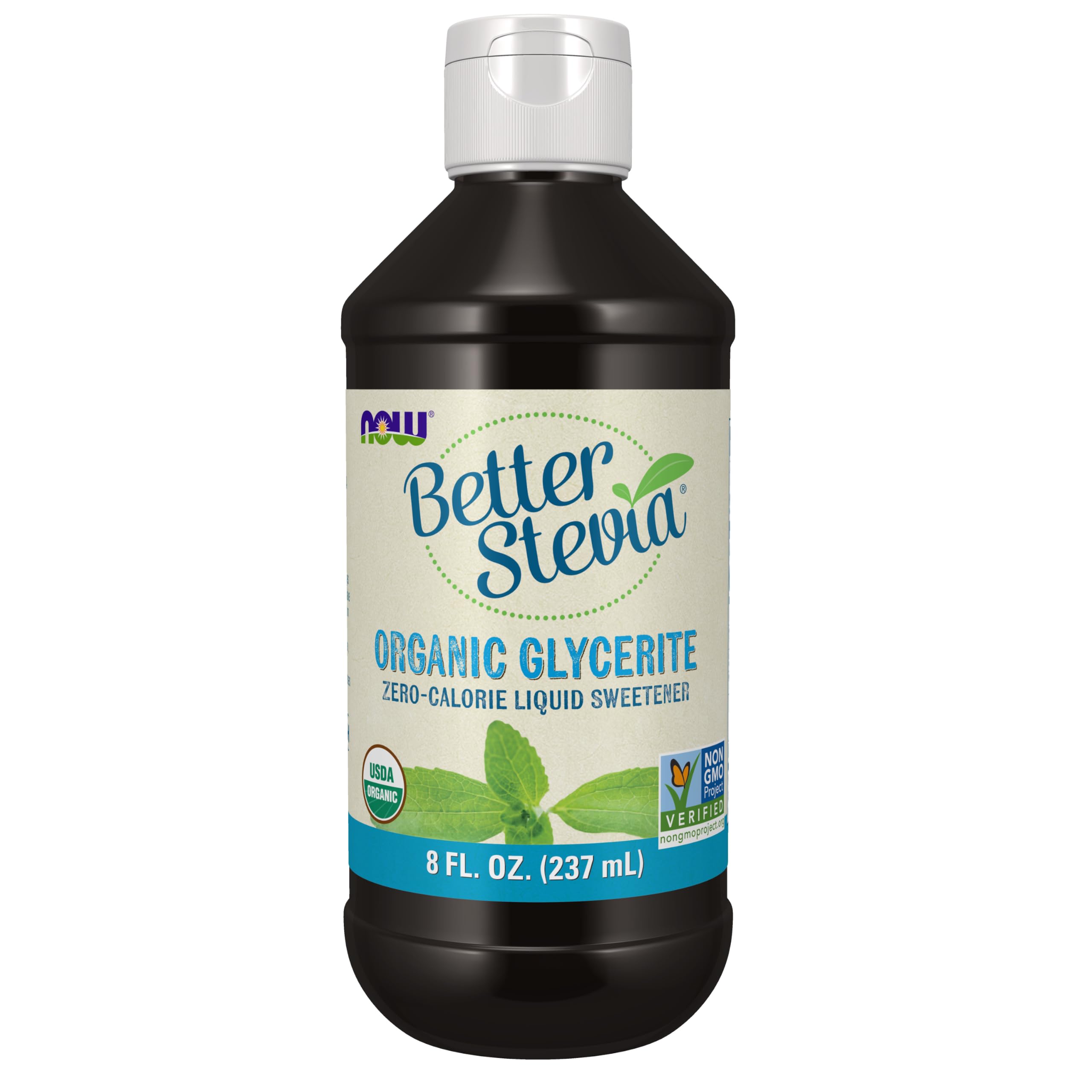 NOW Foods bottle front label showing organic stevia and size benefit