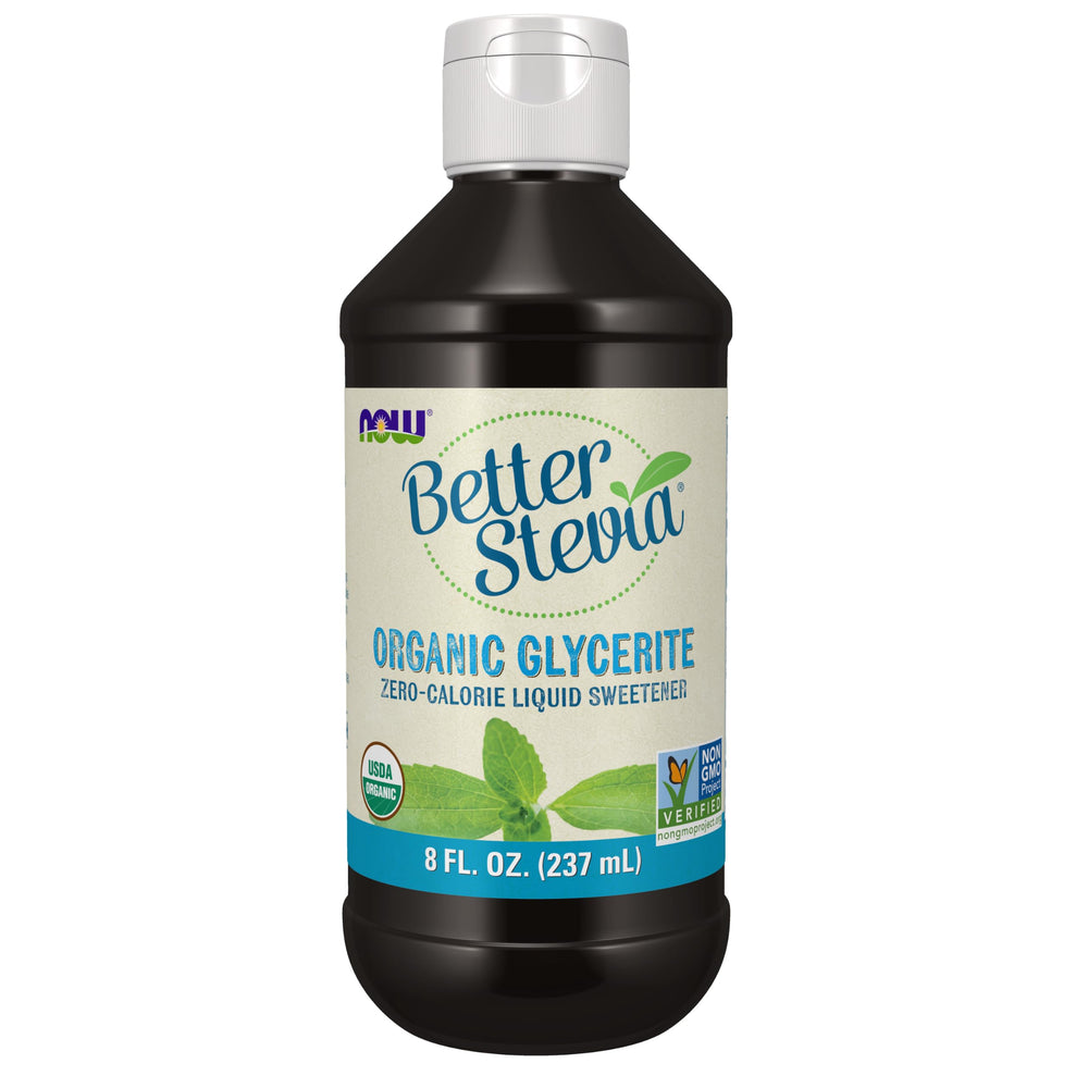 NOW Foods bottle front label showing organic stevia and size benefit