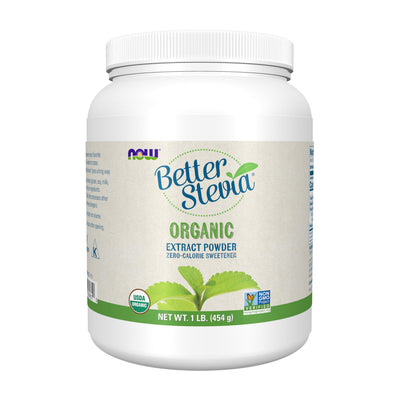 NOW Foods BetterStevia front pouch showing brand and organic claim, highlights convenience
