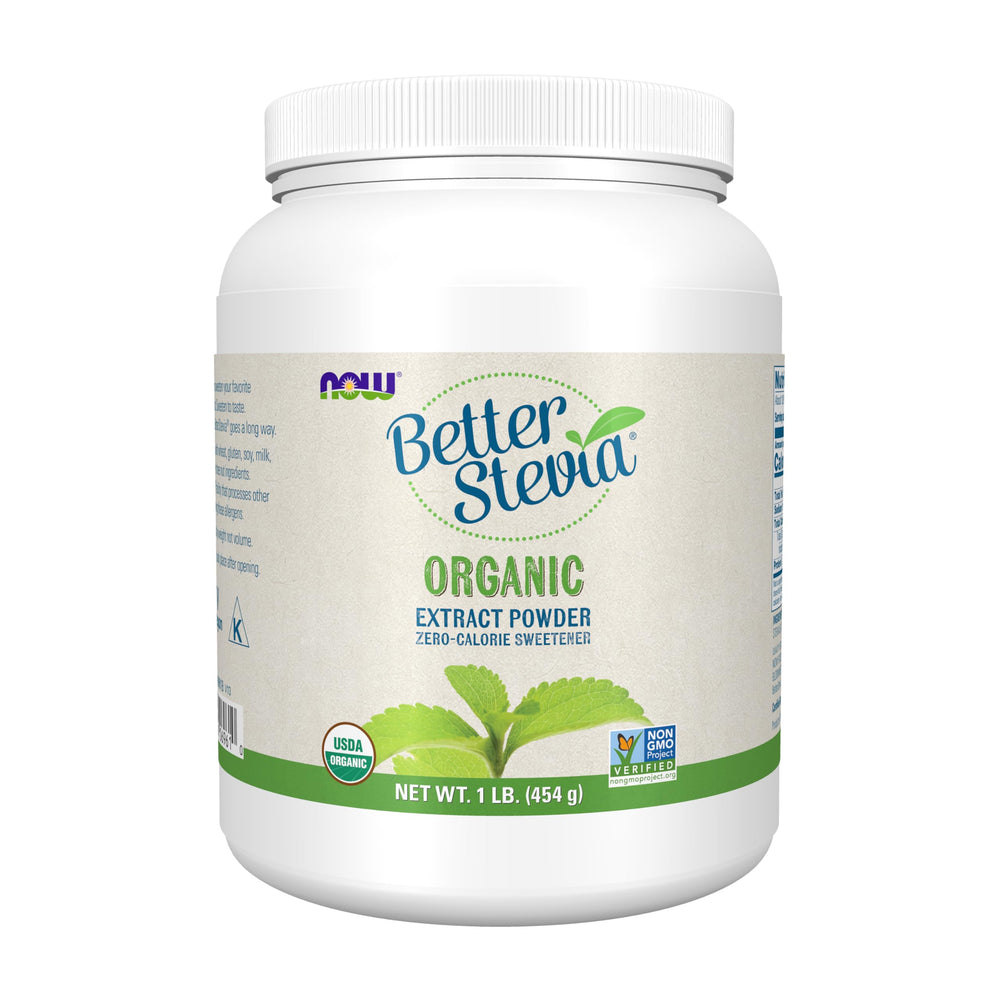 NOW Foods BetterStevia front pouch showing brand and organic claim, highlights convenience