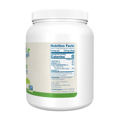 NOW Foods BetterStevia powder texture close-up showing fine particle size and mixability