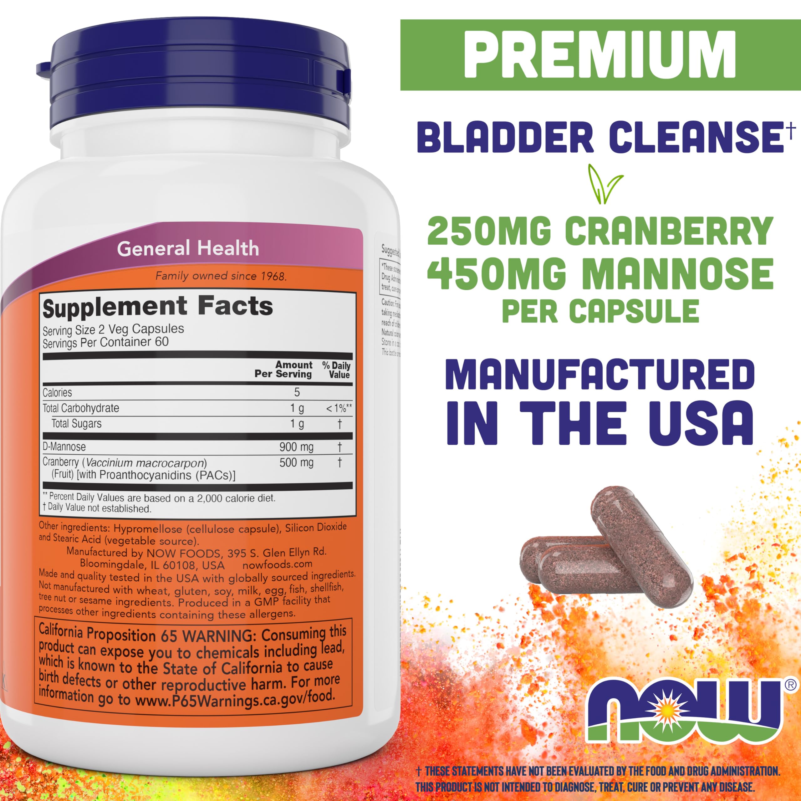 NOW Foods cápsula abierta con polvo de d‑mannosa visible y textura clara