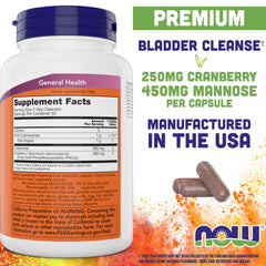 NOW Foods cápsula abierta con polvo de d‑mannosa visible y textura clara