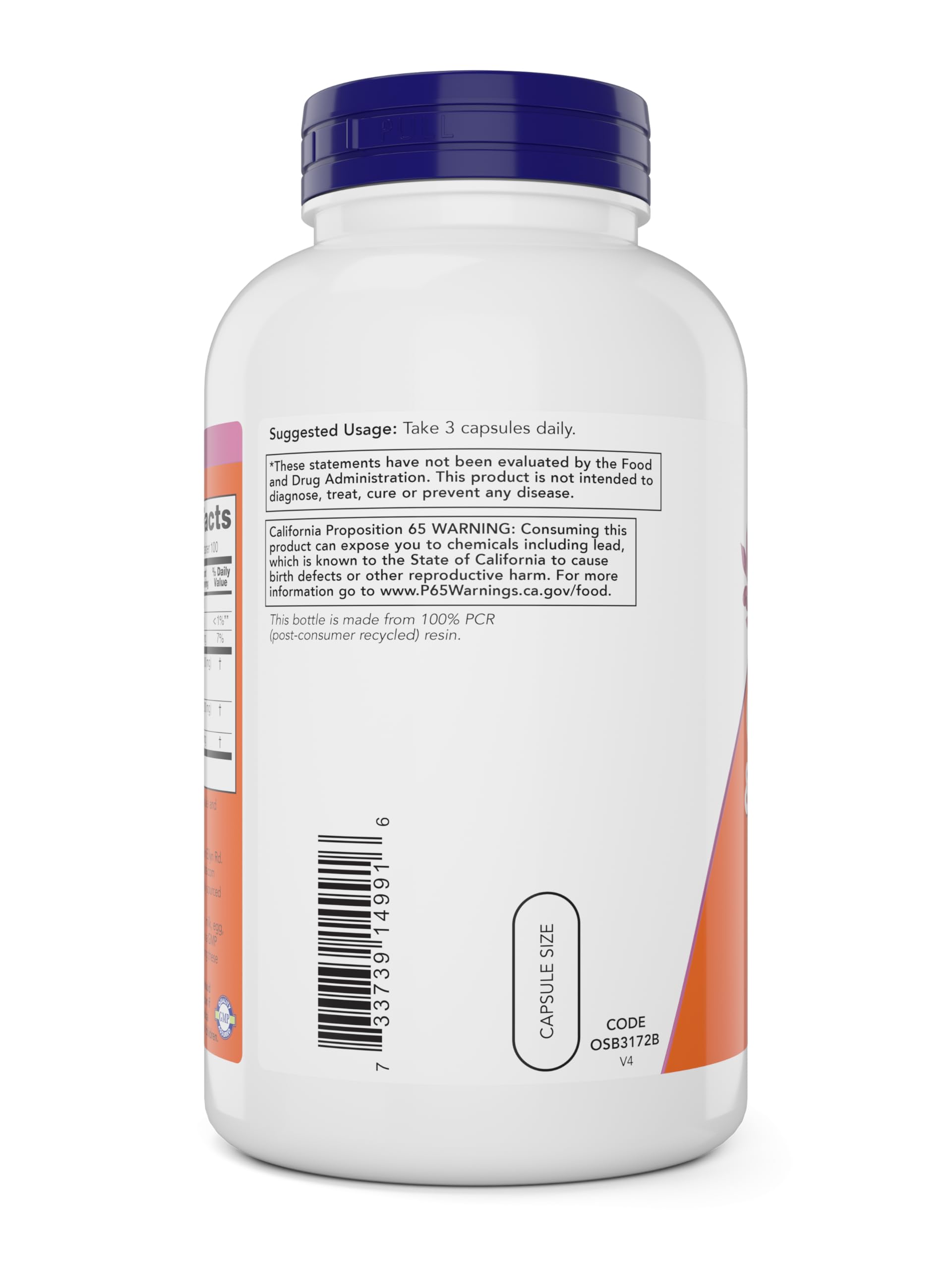 NOW Foods cápsulas en mano para comparar tamaño y dosificación