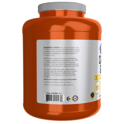 NOW Foods Carbo Gain scoop of powder highlighting ease of portioning benefit