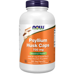 NOW Foods frasco frontal de Psyllium Husk Caps mostrando cantidad y ventajas