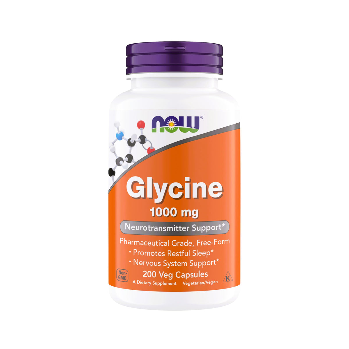 Now Foods envase frontal de Glycine 1000 mg mostrando cantidad de 200 cápsulas y beneficios