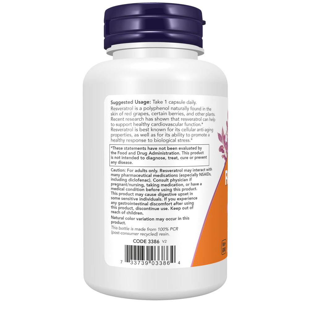 NOW Foods supplement label closeup showing trans-resveratrol from Japanese knotweed