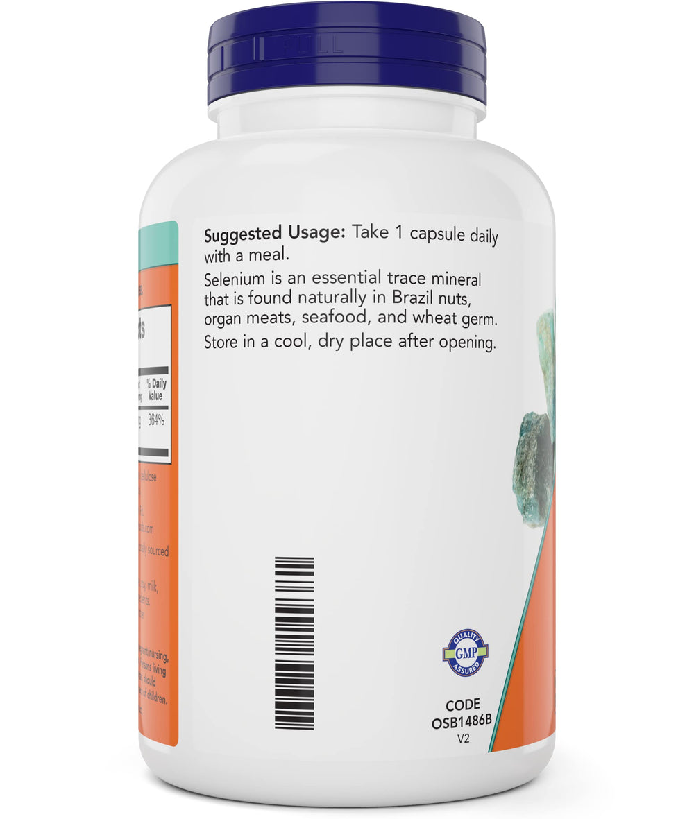 Now Foods etiqueta nutricional visible con dosis y forma L-selenometionina
