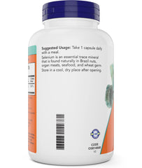 Now Foods etiqueta nutricional visible con dosis y forma L-selenometionina