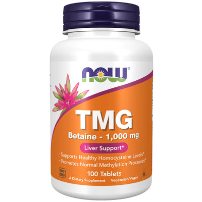 NOW Foods envase frontal TMG mostrando la marca y beneficio de soporte hepático
