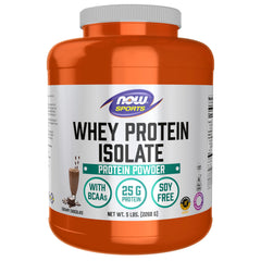 NOW Foods front packaging showing 5-pound tub and chocolate flavor benefit clarity