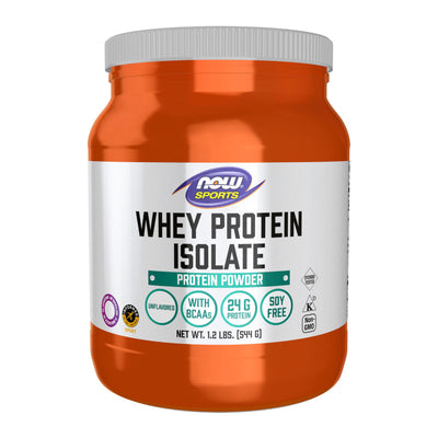 NOW Foods envase frontal de Whey Protein Isolate mostrando marca y tamaño