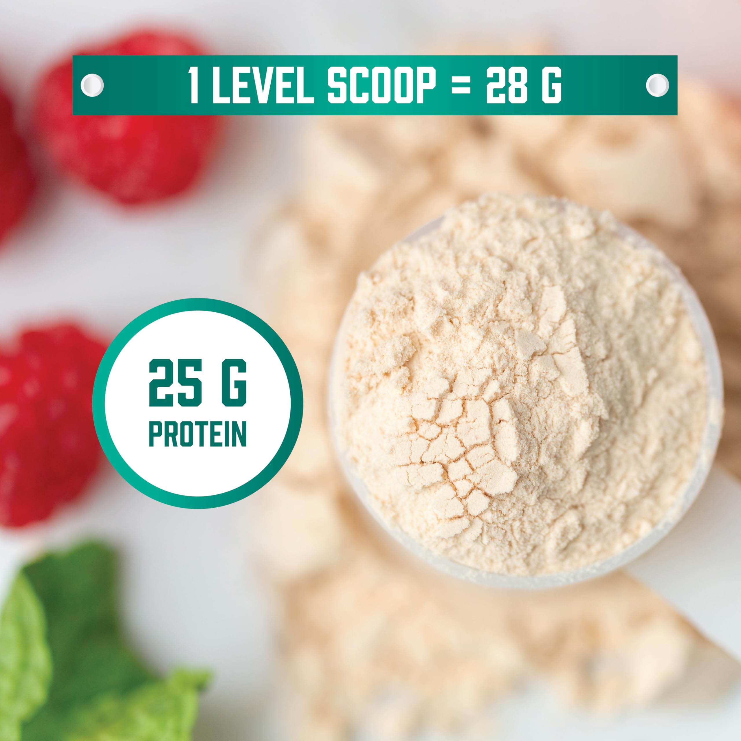 Cuchara dosificadora con 25 g de NOW Foods Whey Protein Isolate medido