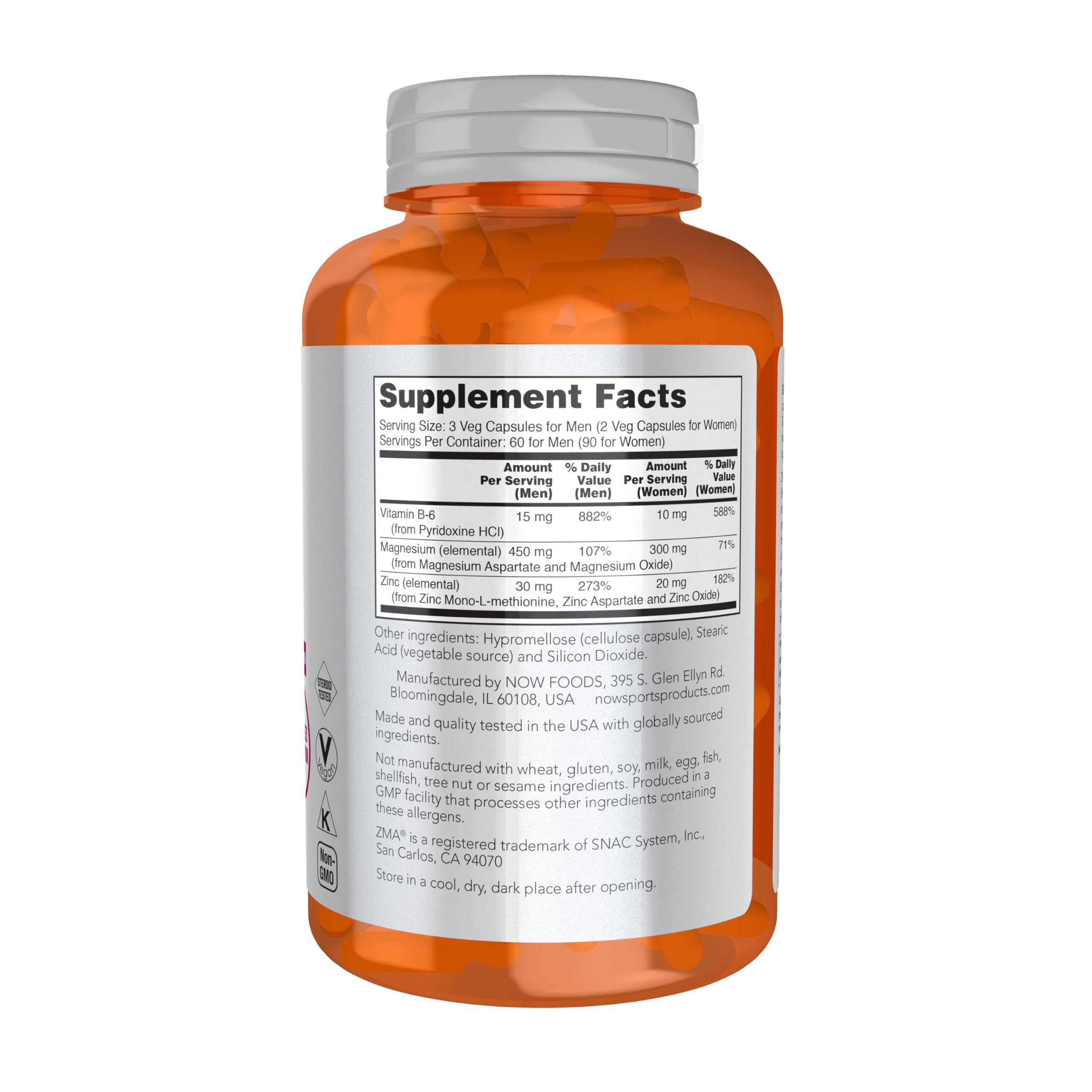 NOW Foods ZMA etiqueta nutricional legible con información de ingredientes