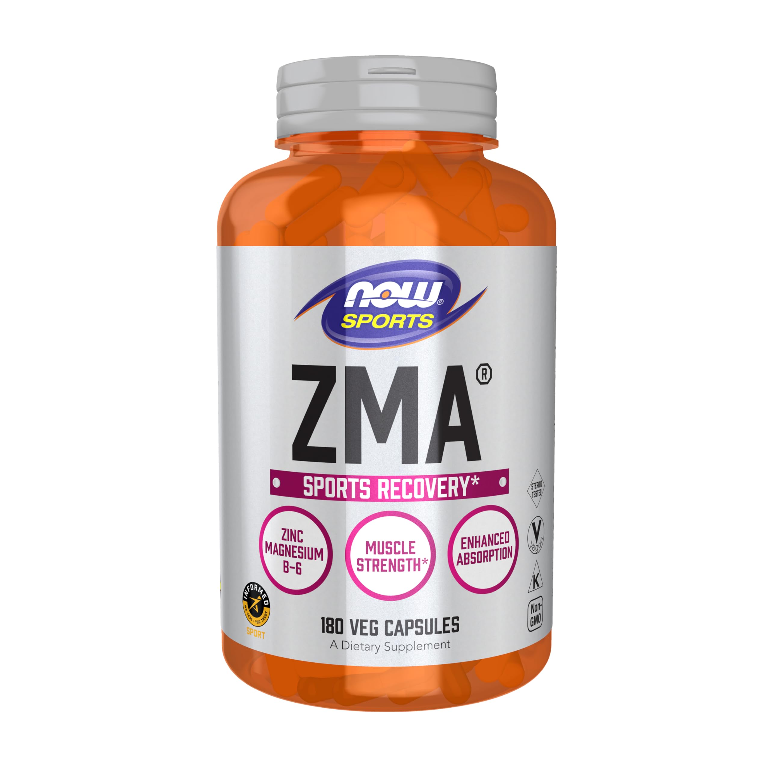 NOW Foods ZMA vista frontal del frasco que muestra el producto y cantidad