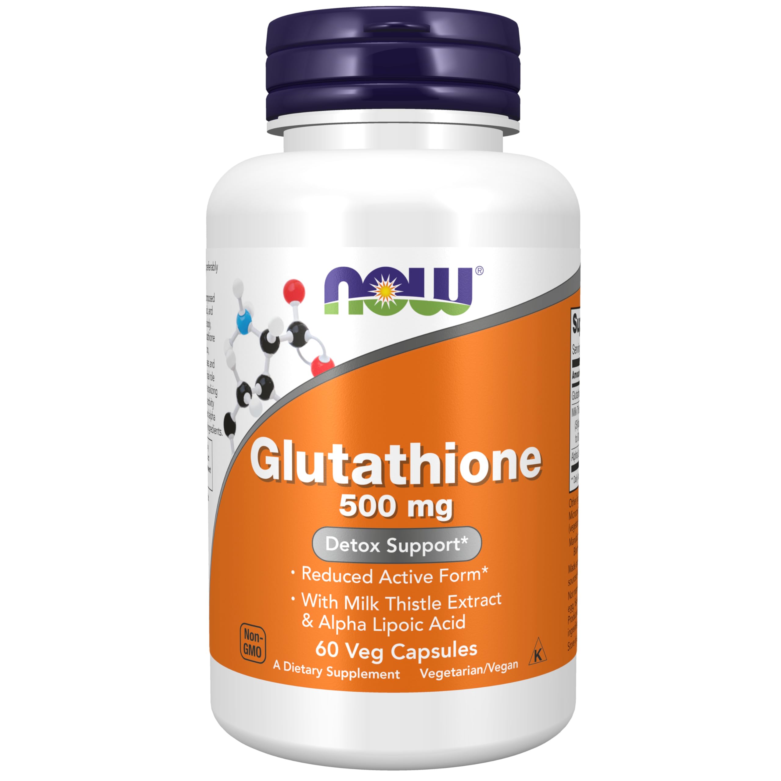 NOW Foods envase frontal del glutatión 500 mg mostrando la marca y beneficios