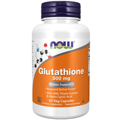 NOW Foods envase frontal del glutatión 500 mg mostrando la marca y beneficios