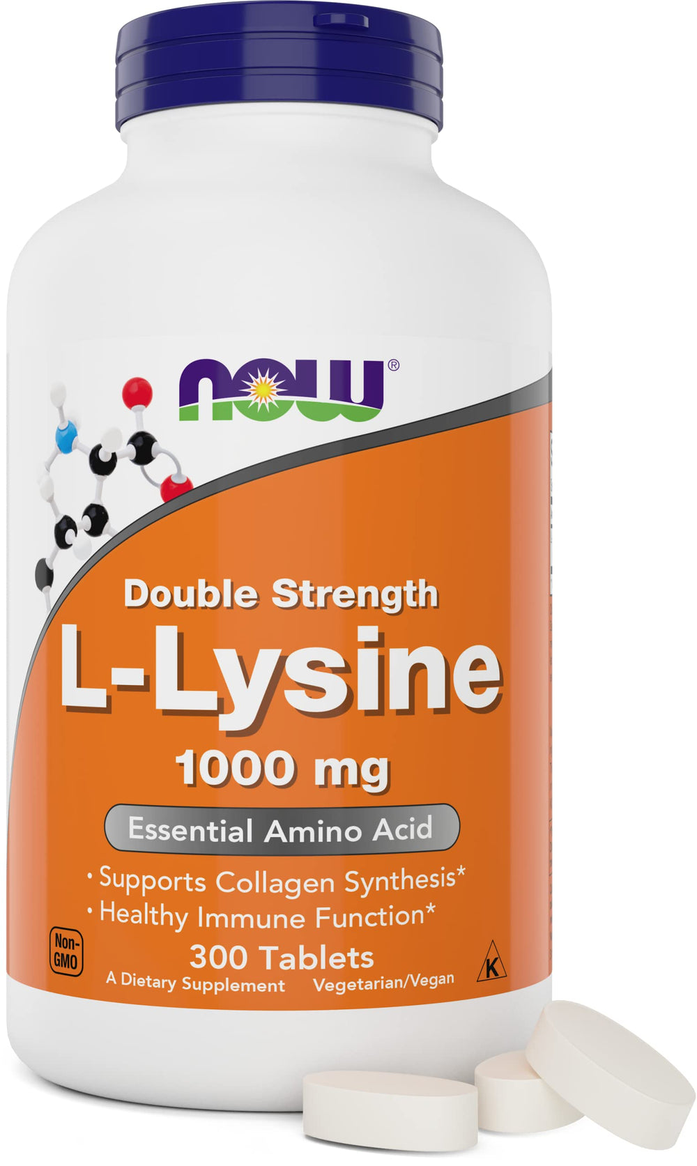 NOW Foods envase frontal de L-Lysine 1000 mg mostrando 300 tabletas, fácil identificación