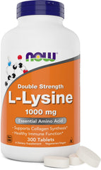 NOW Foods envase frontal de L-Lysine 1000 mg mostrando 300 tabletas, fácil identificación