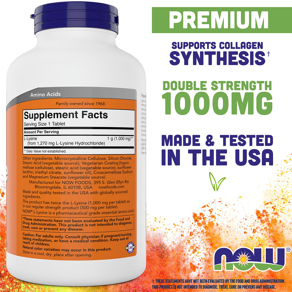 NOW Foods primer plano de tabletas prensadas de lisina, formato compacto y portátil