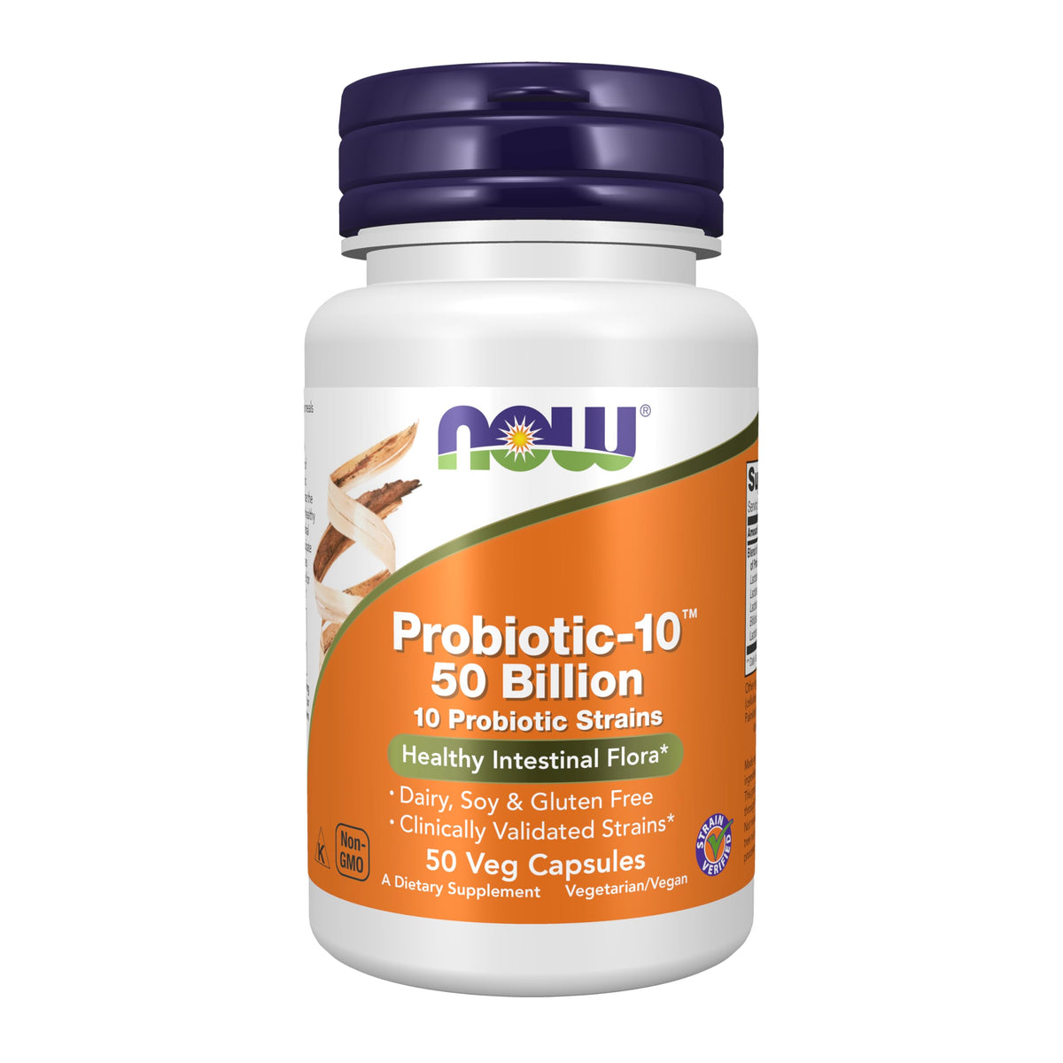 NOW Foods envase frontal mostrando Probiotic-10 y 50 mil millones UFC