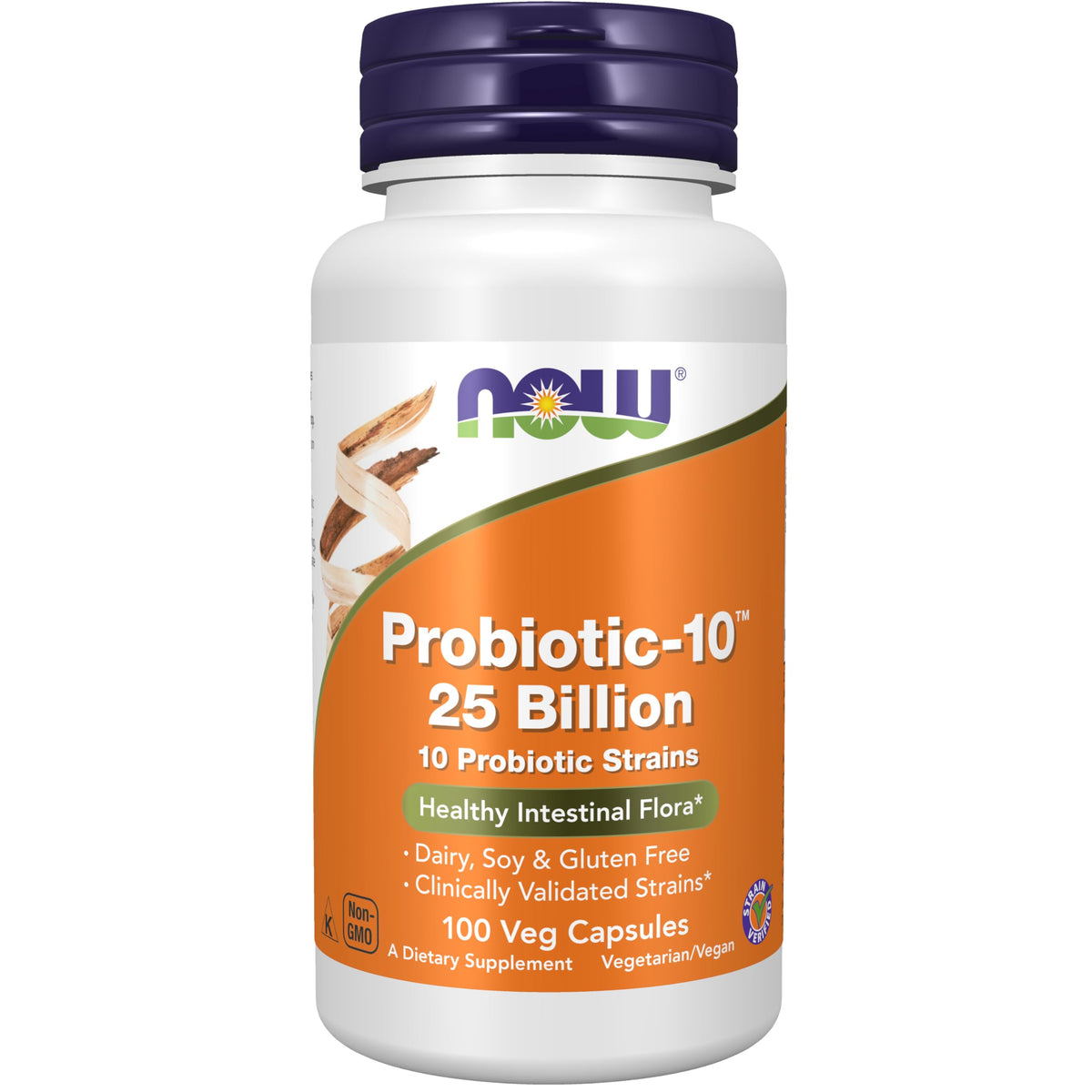 NOW Foods frasco frontal mostrando Probiotic-10 y cantidad de cápsulas