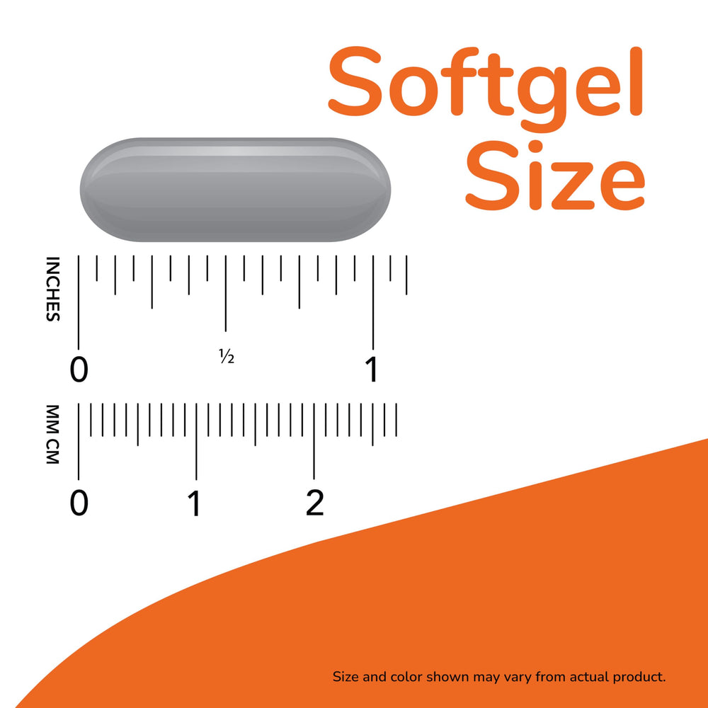 single softgel in hand next to ruler illustrating size and portability of NOW Foods softgels