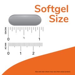 single softgel in hand next to ruler illustrating size and portability of NOW Foods softgels