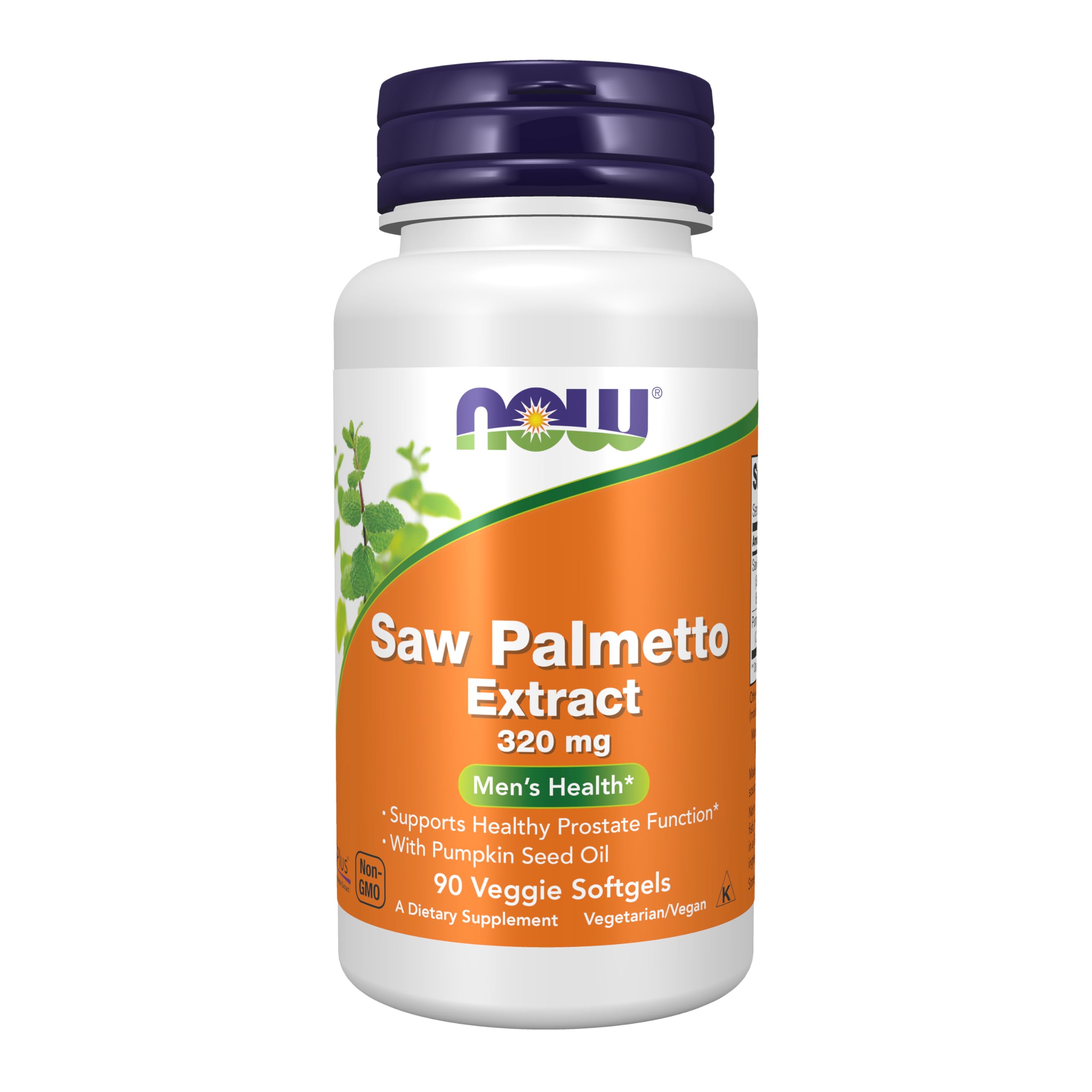 NOW envase frontal del saw palmetto 320 mg mostrando beneficios de soporte prostático